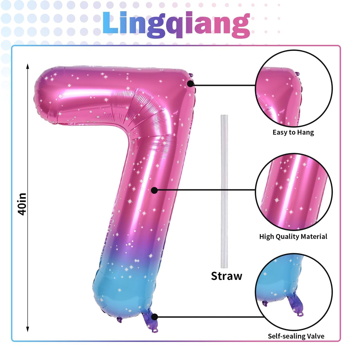 40'' Rainbow Number 7 Balloons, Giant Self Inflating Gradient Blue Pink Foil Number Balloons Set 0-9, Starry Digital 7 Helium Balloon for Girls 7th Birthday Party Decorations Anniversary Supplies
