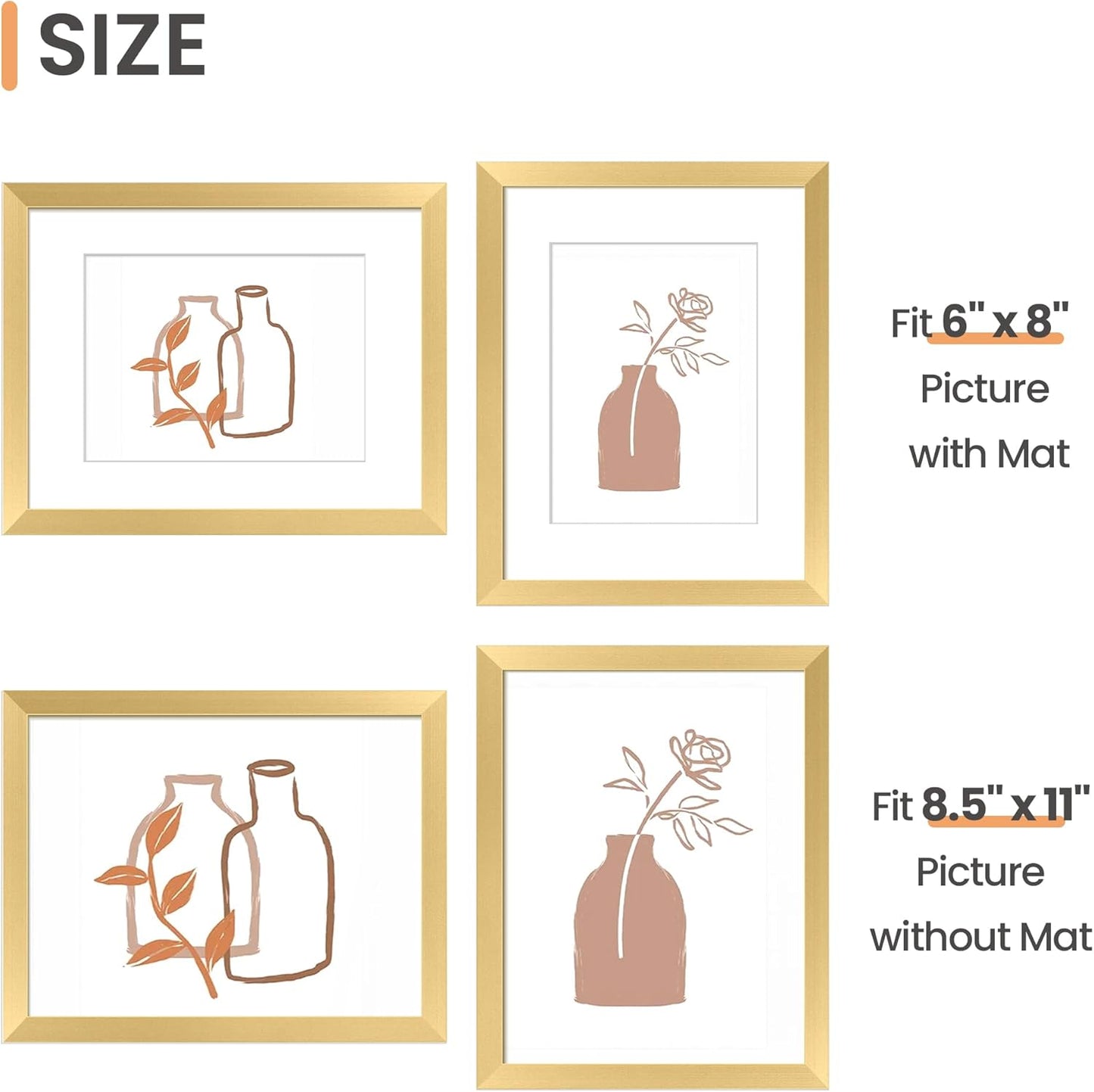 Upsimples 8.5x11 Picture Frame Set of 5 - Elegant Gold Frames for 6x8 or 8.5x11 Photos