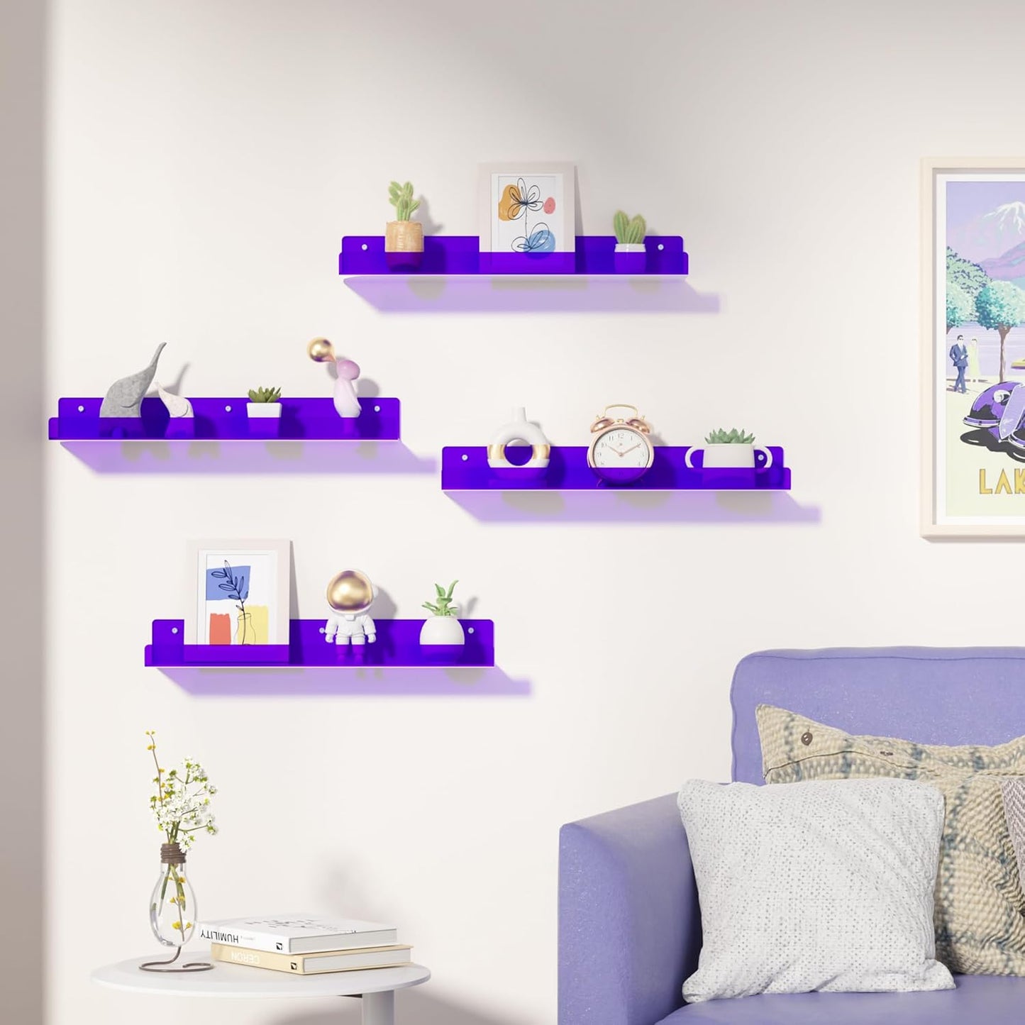Upsimples Acrylic Wall Shelves - 15" Floating Display Shelf Set for Perfume & Books | Clear Purple, 4 Pack