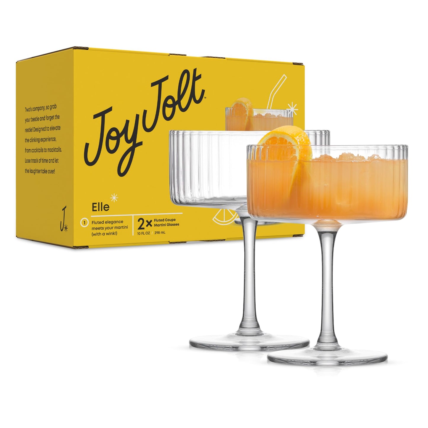 JoyJolt Elle Fluted 10oz Coupe Glass Set of 2, Unique Champagne Glasses for Cocktails and Martinis, Ribbed Vintage Style Drinking Glasses