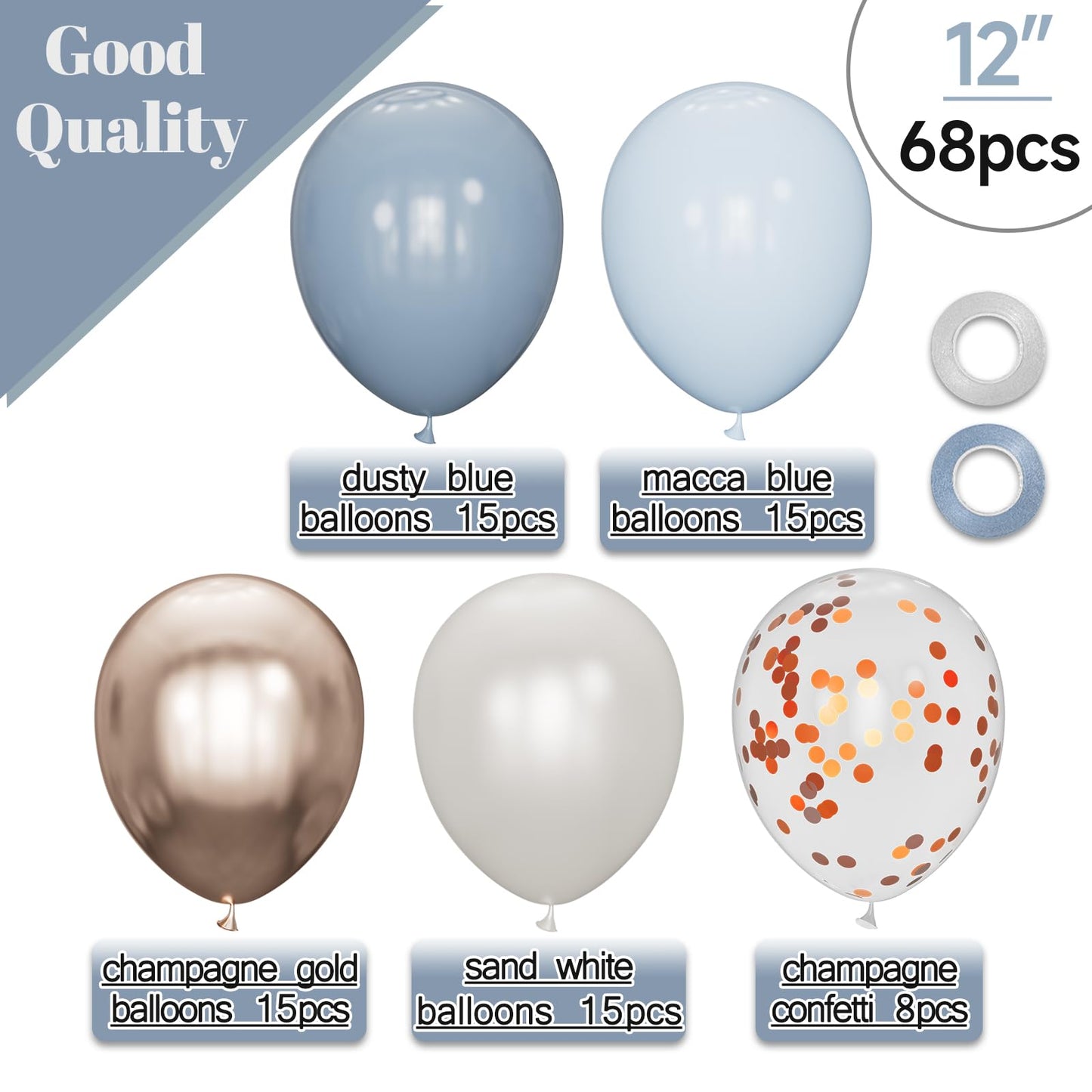 68Pcs Dusty Blue and Champagne Gold Balloons 12 Inch Sand White Pastel Baby Blue Confetti Balloon for Boy Baby Shower Bridal Shower Birthday Wedding Party Decorations.
