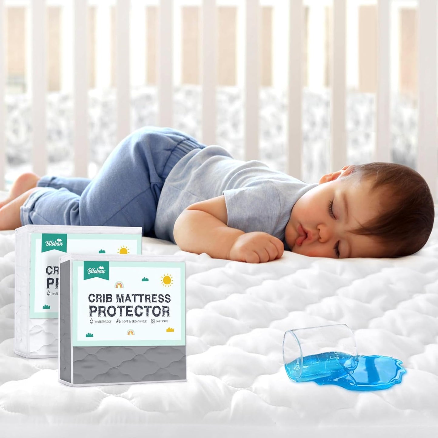 Regine Switzerland Crib Mattress Protector Sheets - 2 Pack Waterproof & Noiseless, 52" x 28", White & Gray
