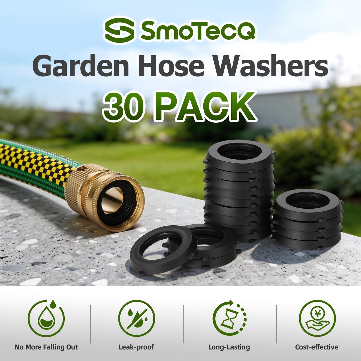 SmoTecQ Garden Hose Washers - 30 Pack Heavy Duty Rubber Seals for 3/4" Hose Fittings | Stay-in-Place Design, Black
