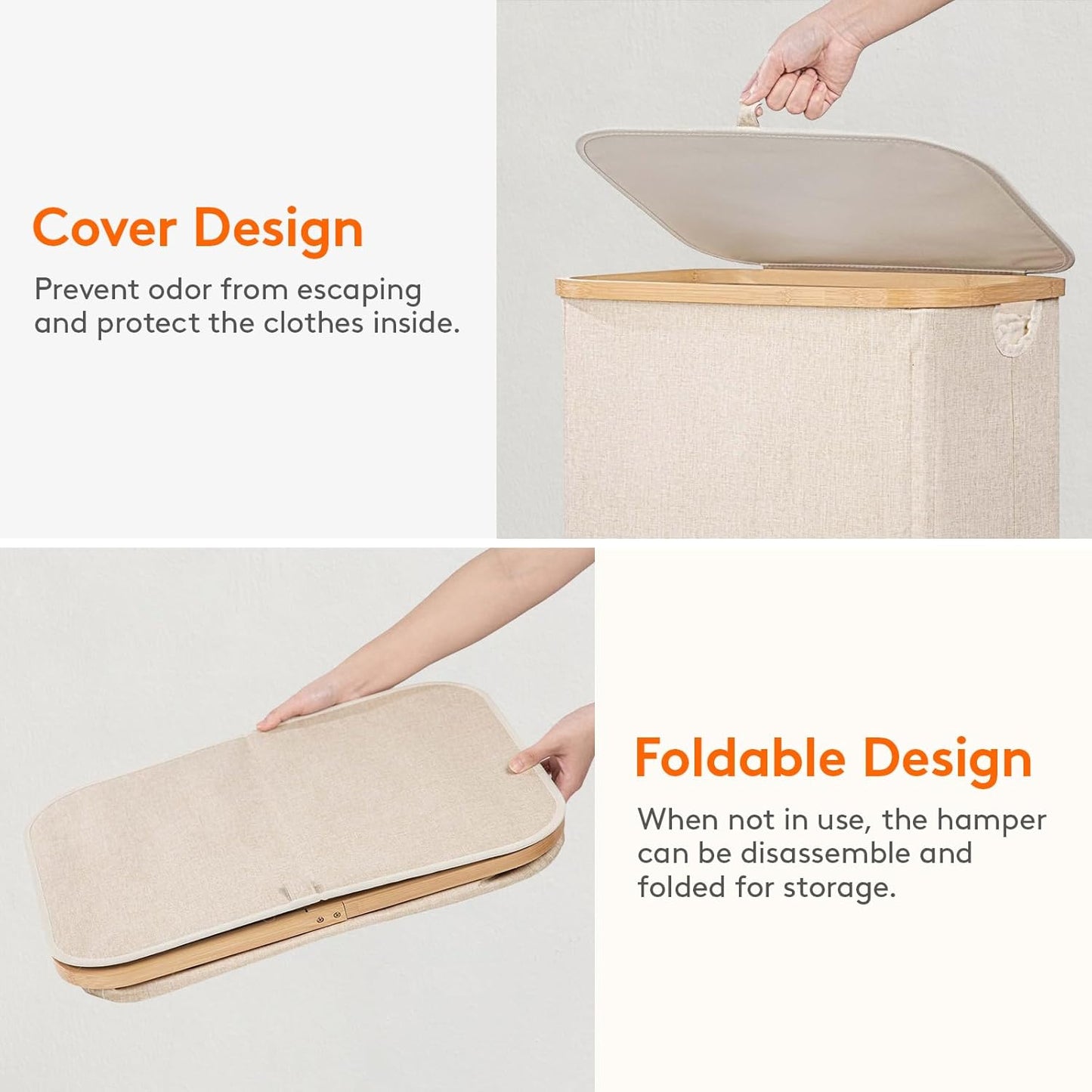 Lifewit 80L Laundry Basket - Foldable Hamper with Lid & Bamboo Handles | Beige, Removable Bag Included