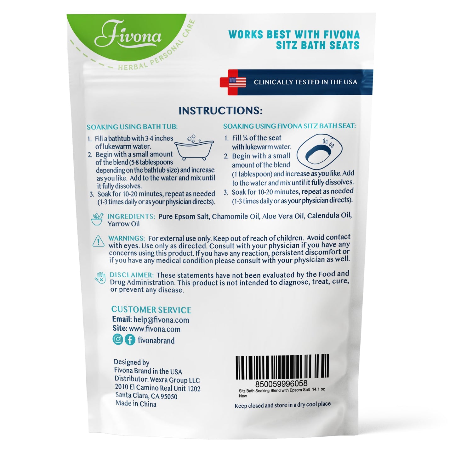 Hemorrhoid Care Postpartum Care Bartholin Cyst Relief - FIVONA Sitz Bath Salt Natural Epsom Blend with Essential Oils Soak - 14.1 oz