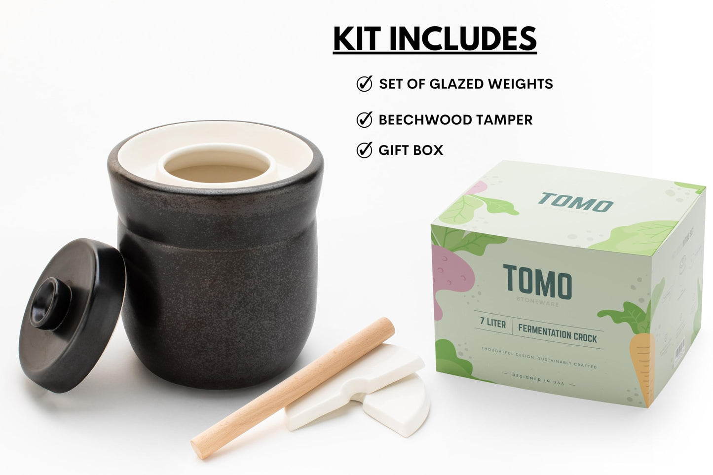 TOMO Fermentation Crock with Weights - Ceramic Sauerkraut Pickling Crock - Stoneware Kombucha Brewing (3L)