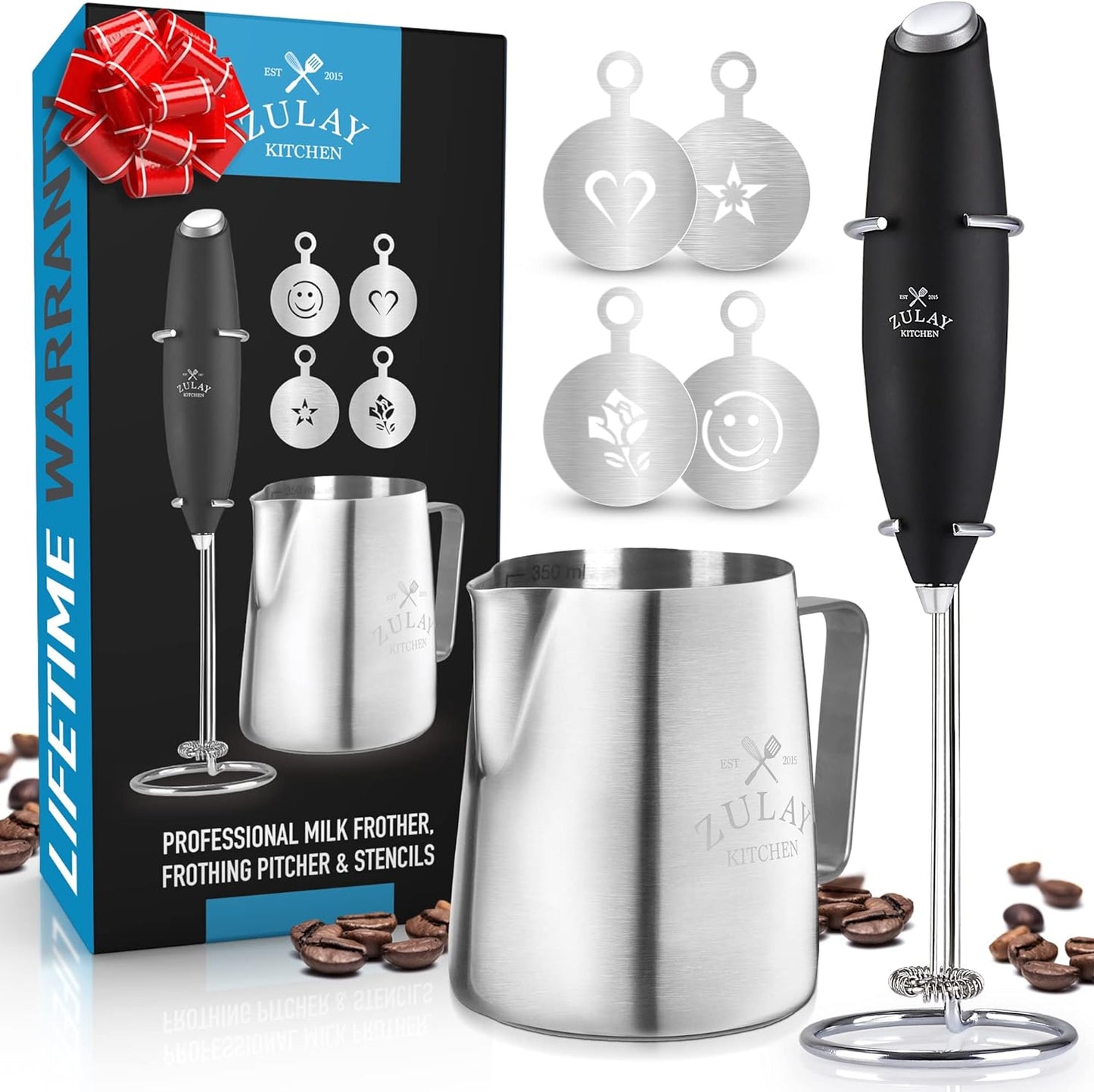 Zulay Premium Milk Frother Set - Handheld Coffee Frother with Stand & 12oz Pitcher | 13,000 RPM Motor, 4 Stencils
