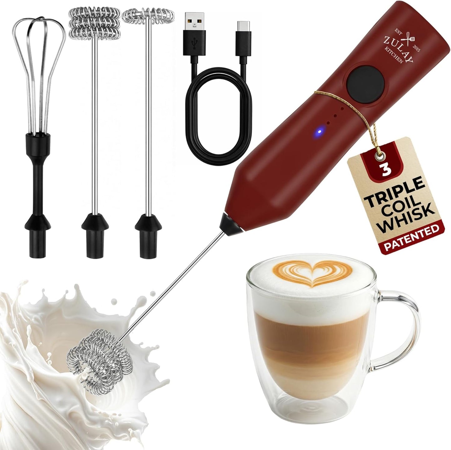 Zulay Kitchen Rechargeable Milk Frother - 3 Speeds & 3 Whisk Attachments - USB Charging for Lattes & Cappuccinos - Red/Black