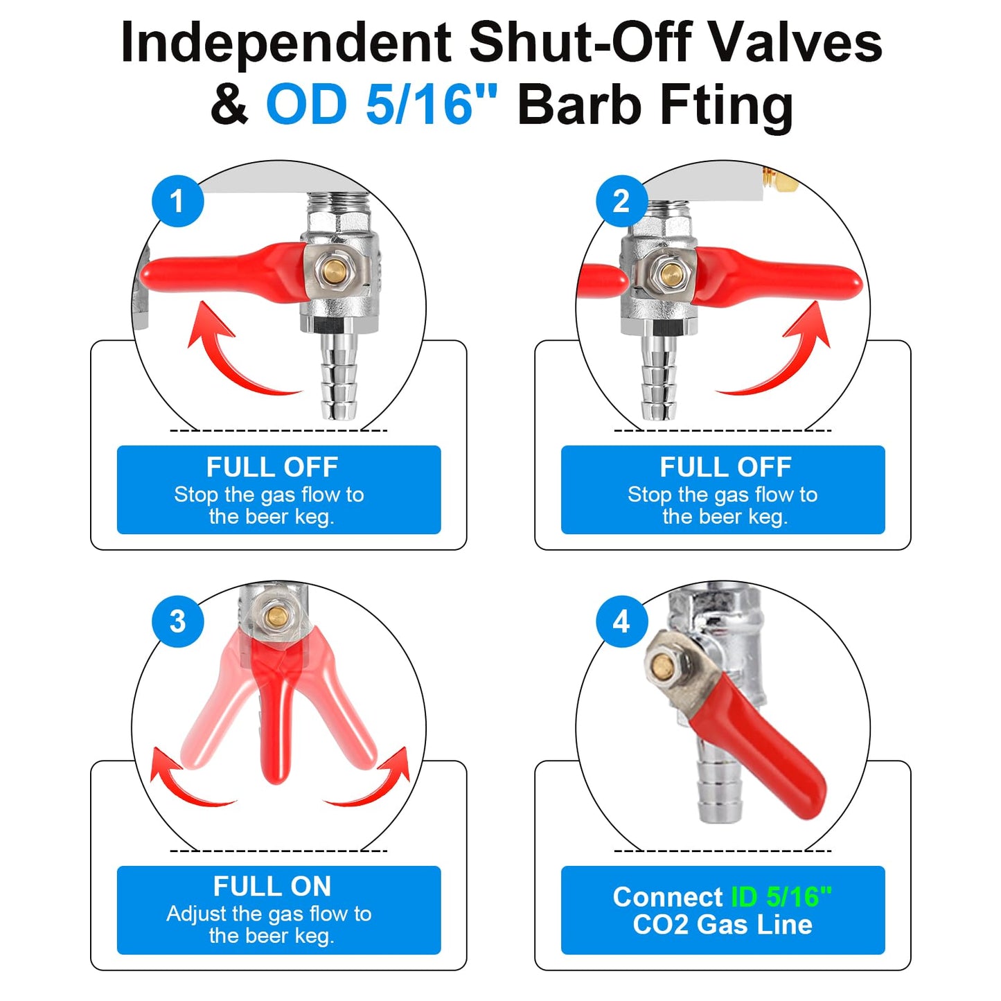 WELLBOM CO2 Manifold, 4-Way CO2 Gas Distributor O.D 5/16'' Barb Fitting Beer Keg Gas Manifold Kegerator CO2 Splitter with Integrated Check Valves & 5PCS Hose Clamps