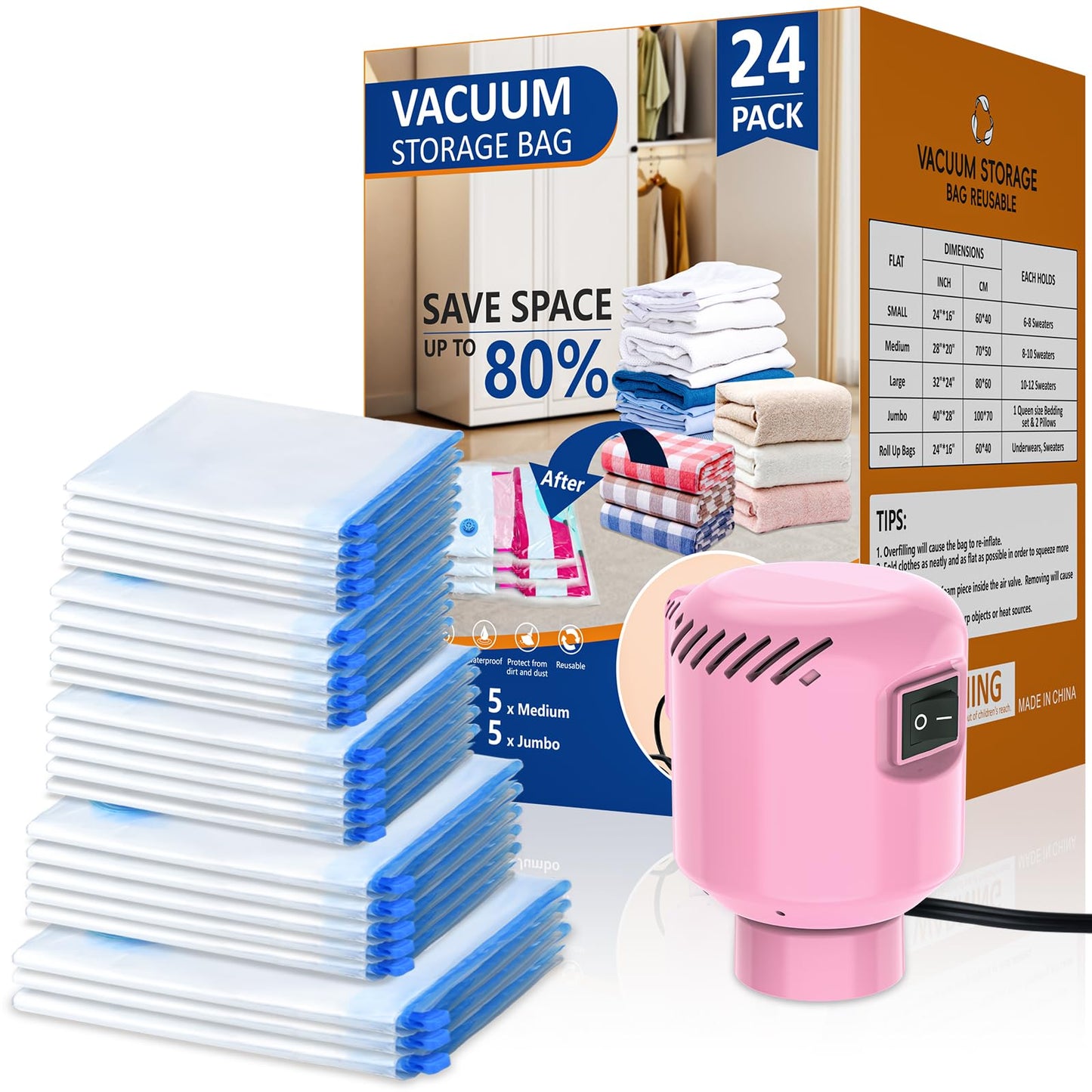 24 Pack Vacuum Storage Bags with Electric Pump, Space Saver Bags (5 Jumbo, 5 Large, 5 Medium, 5 Small, 4 Roll Up Bags) Travel Vacuum Seal Bags for Clothes, Bedding,Blankets,Duvets, Pillows