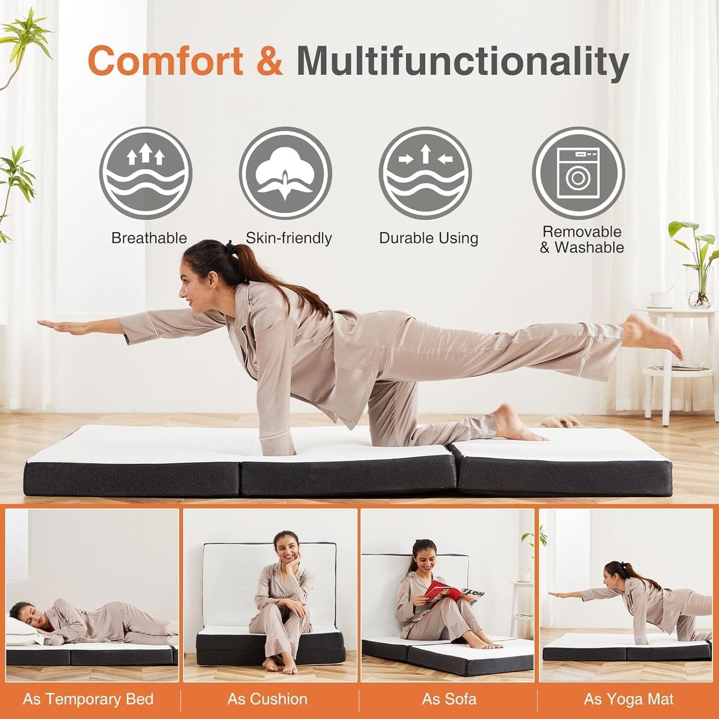 Sweetcrispy Tri-Fold Memory Foam Mattress - 4-Inch Full Size Portable Bed Pad | Washable Cover for Travel & Yoga