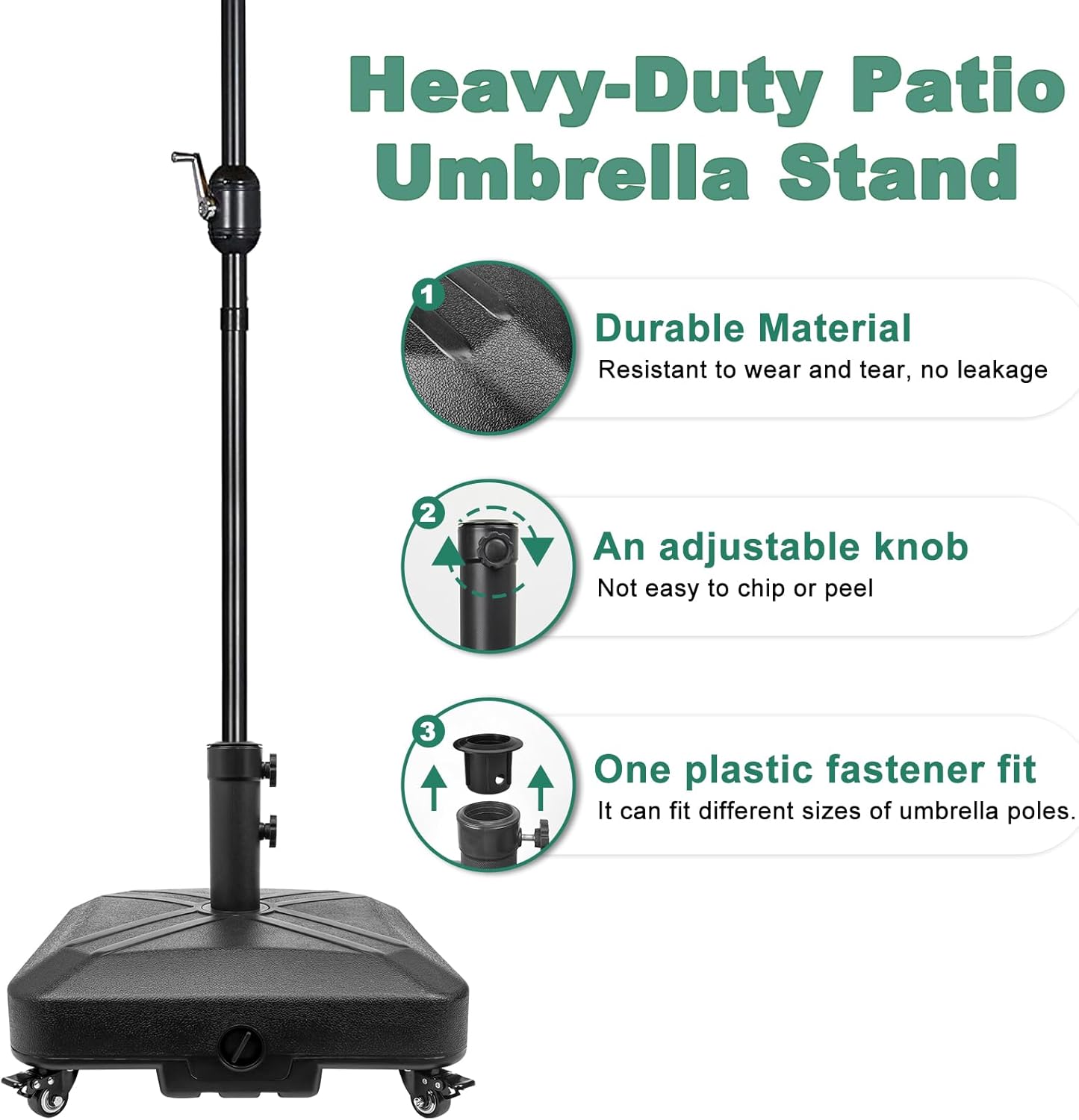 Skiennix Heavy-Duty Patio Umbrella Base with Wheels - Square Market Stand, 125lb Capacity, Black