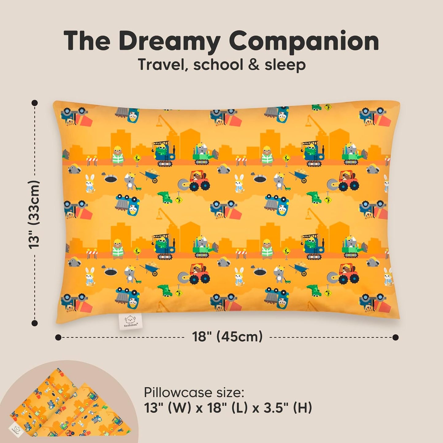 Little Builders Toddler Pillow - Organic Cotton Travel Bed Pillow with Soft, Breathable Case | 13x18 Inches