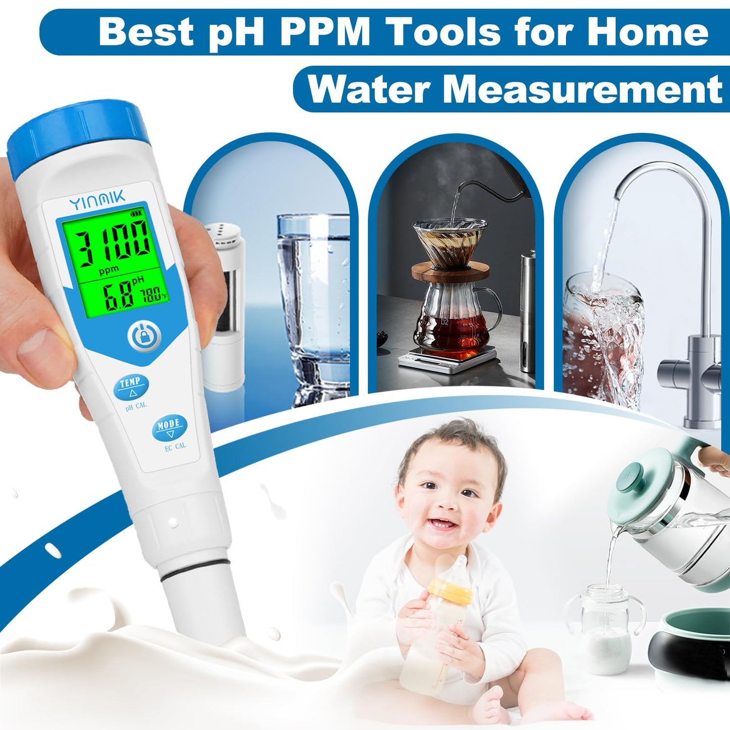 YINMIK pH Meter, Salt Tester Pool, Electronic pH Meter for Hydroponic，pH TDS EC for Water, 5 in 1 EC Temp Salt TDS pH Tester for Saltwater Pool,Hot Tubs,Home Brewing,Aquarium, Hydroponics