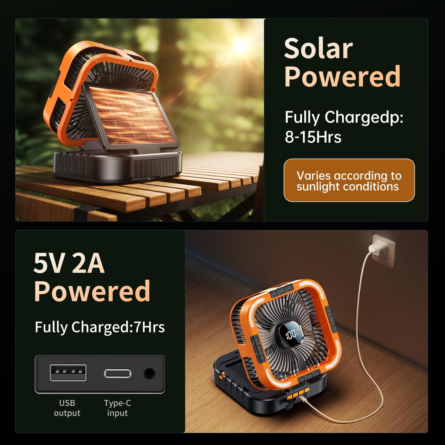 KIMMOO Solar Camping Fan with Light-10000mAh Rechargeable Portable, 6 Speeds, Digital Display, Timer, 120° Oscillation, Cordless Battery Powered Fan for Home Outdoor Tent Travel BBQ Fishing (Orange)