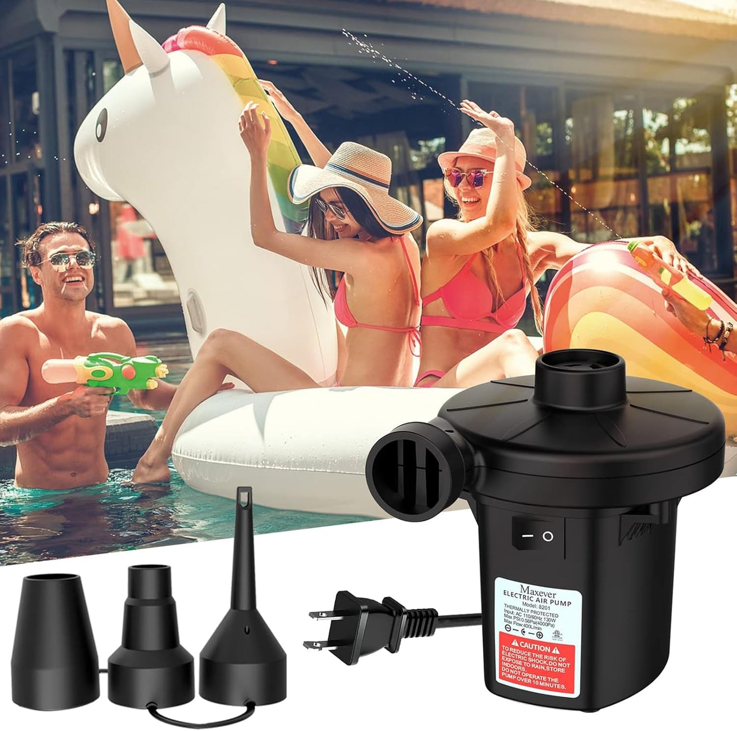 Quick-Fill Electric Air Pump - Portable Inflator/Deflator with 3 Nozzles for Inflatables | AC 110V-120V
