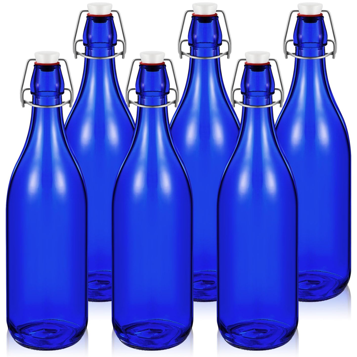 Teenyyou 6 Pcs Cobalt Blue Glass Bottles 1 L/ 33.75 oz Decorative Wine Bottles Flip Top Glass Water Bottle with Airtight Lid for Home Decor Garden Tree Yard Outdoor Decorations
