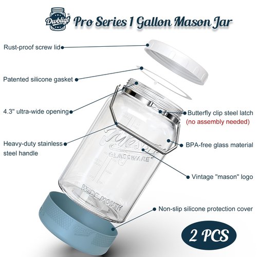 Dwbligt 1 Gallon Glass Jar With Lid – 2 Pack Large Wide Mouth Mason Jars with BPA-free Airtight Lid, Sun Tea Jar - Fermenting & Pickling, Food Storage Canisters with Handle & Non-slip Base for Flour