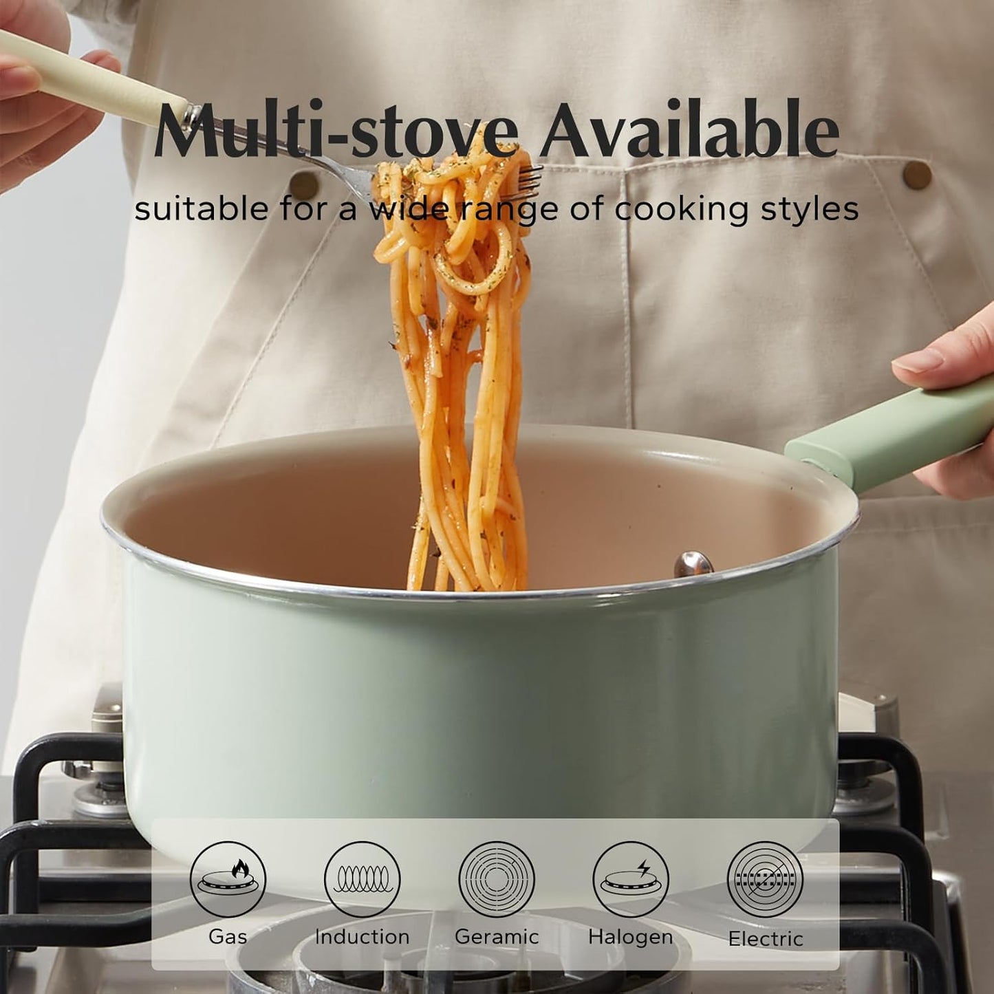 Redchef Ceramic Nonstick Saucepan - 1.5QT Small Cooking Pot with Lid, PFAS-Free, Green