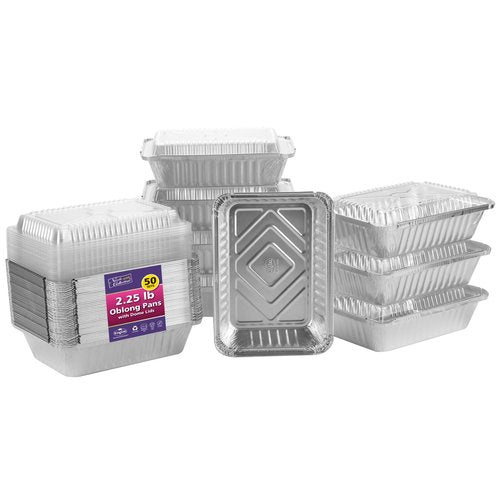 Aluminum Pans With Plastic Dome Lids - 50 Count - 2.25LB (8.5"x6") Oblong Pans - To Go Containers With Lids - Disposable Tin Foil Pans - Perfect For Catering, Meal Prep, Baking, Freezer Safe