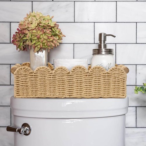CubesLand Scalloped Edge Toilet Paper Storage Basket - Cozy Beige Decor with 2 Wooden Handles