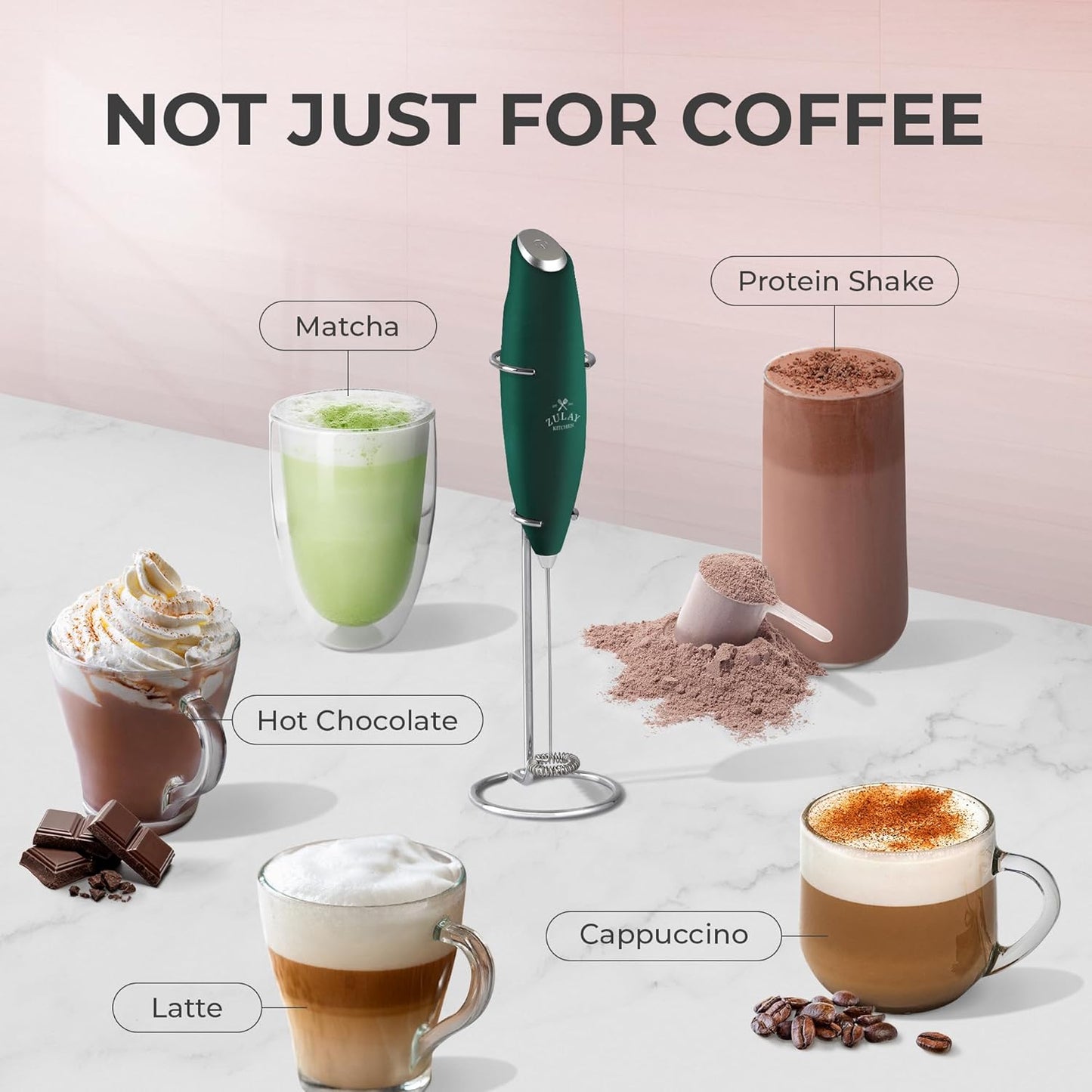 Zulay Kitchen Milk Frother Wand - Ultra Fast Handheld Electric Whisk for Coffee & Lattes - Dark Green