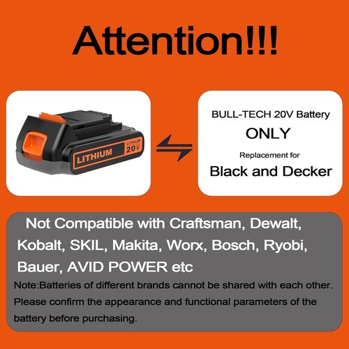 BULL-TECH 20V MAX 2.0Ah Replacement Battery - Compatible with All Black & Decker Power Tools