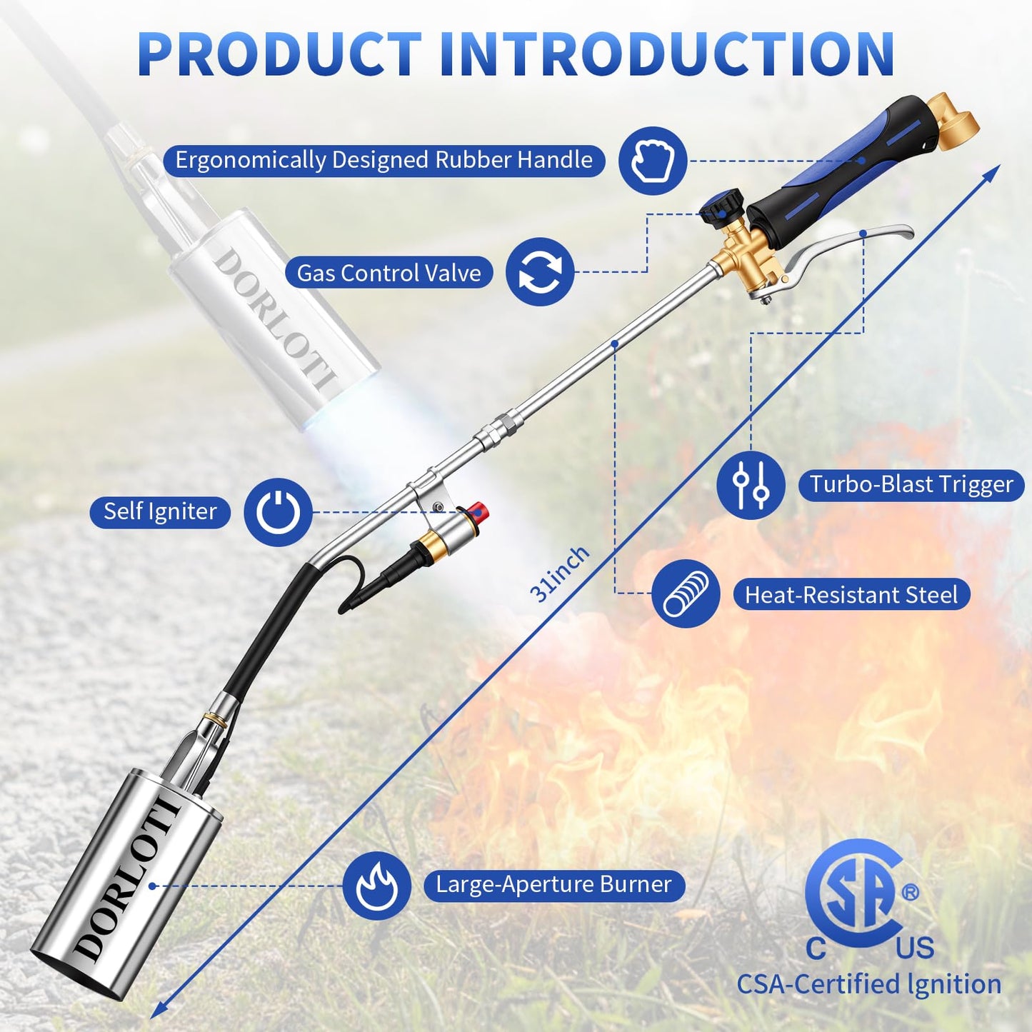 Propane Torch Weed Burner Propane Burner Weed Torch Heavy Duty Blow Torch 31"Flamethrower with Self Igniter and Turbo Trigger for Weeding Roofing Road Ice Melting BBQ(Fuel Cylinder Not Included)