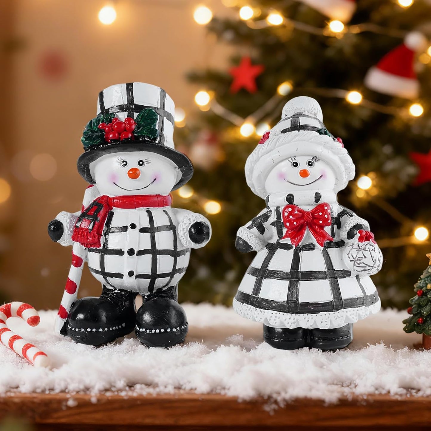 Snowman Figurines Set of 2 - Black and White Plaid Christmas Decorations for Home | Winter Decor