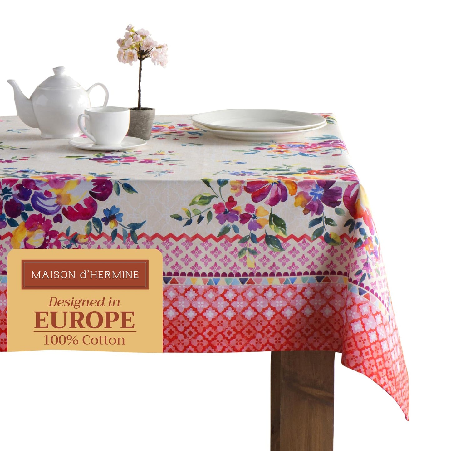 Maison d' Hermine Table Cloth Rectangle Table 100% Cotton 70 x 120 Inches Tablecloth Reusable Decorative for Dining Kitchen Room Farmhouse Home Gifts for Mothers Day Spring Summer - Rose Garden