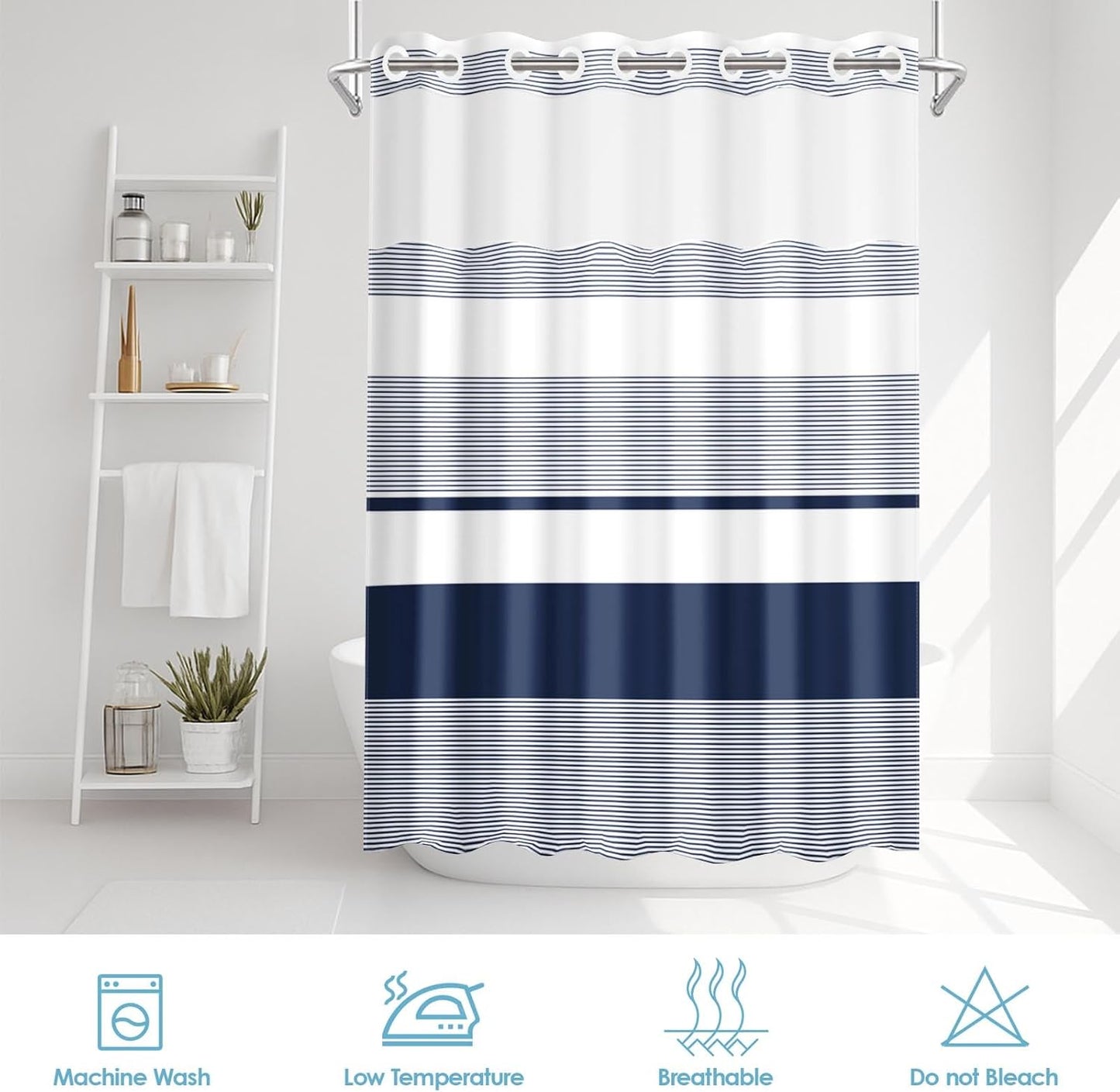 No Hook Navy Blue Shower Curtain - Boho Striped Waterproof Fabric with Snap-In Liner | 71x74 Inch