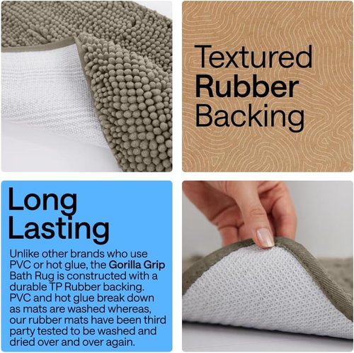 Gorilla Grip Plush Bath Rug Mat - Absorbent Shaggy Chenille for Square Toilet Base | Machine Washable, Soft Microfiber, Latte
