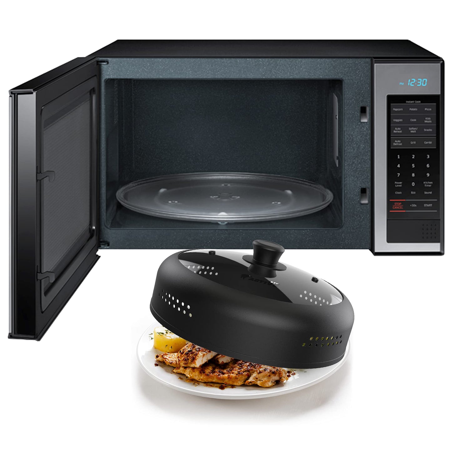 Microwave Cover for Food, Silicone and Glass Splatter Guard Lid for 6–7–8–9-10-11-12 inch Plates & Bowls. By EZY ACTIVE.
