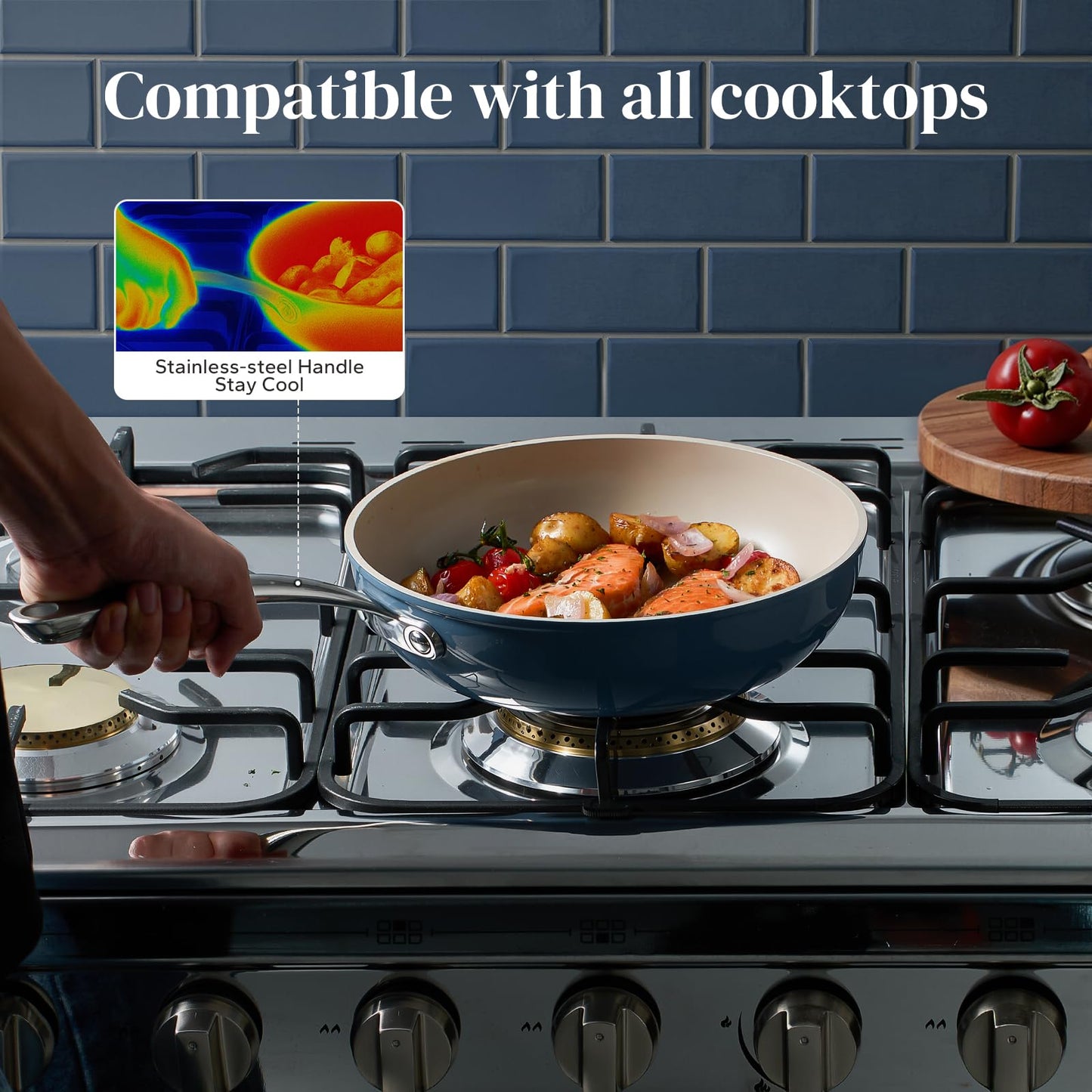 Redchef Ceramic Deep Saute Pan with Lid, Large Jumbo Cooker, 11 Inch Frying Pans Nonstick with Stay Cool Handle, Non Toxic Cooking Skillet, Kitchen, Induction Dishwasher Safe, PFOA & PFAS Free(Blue)