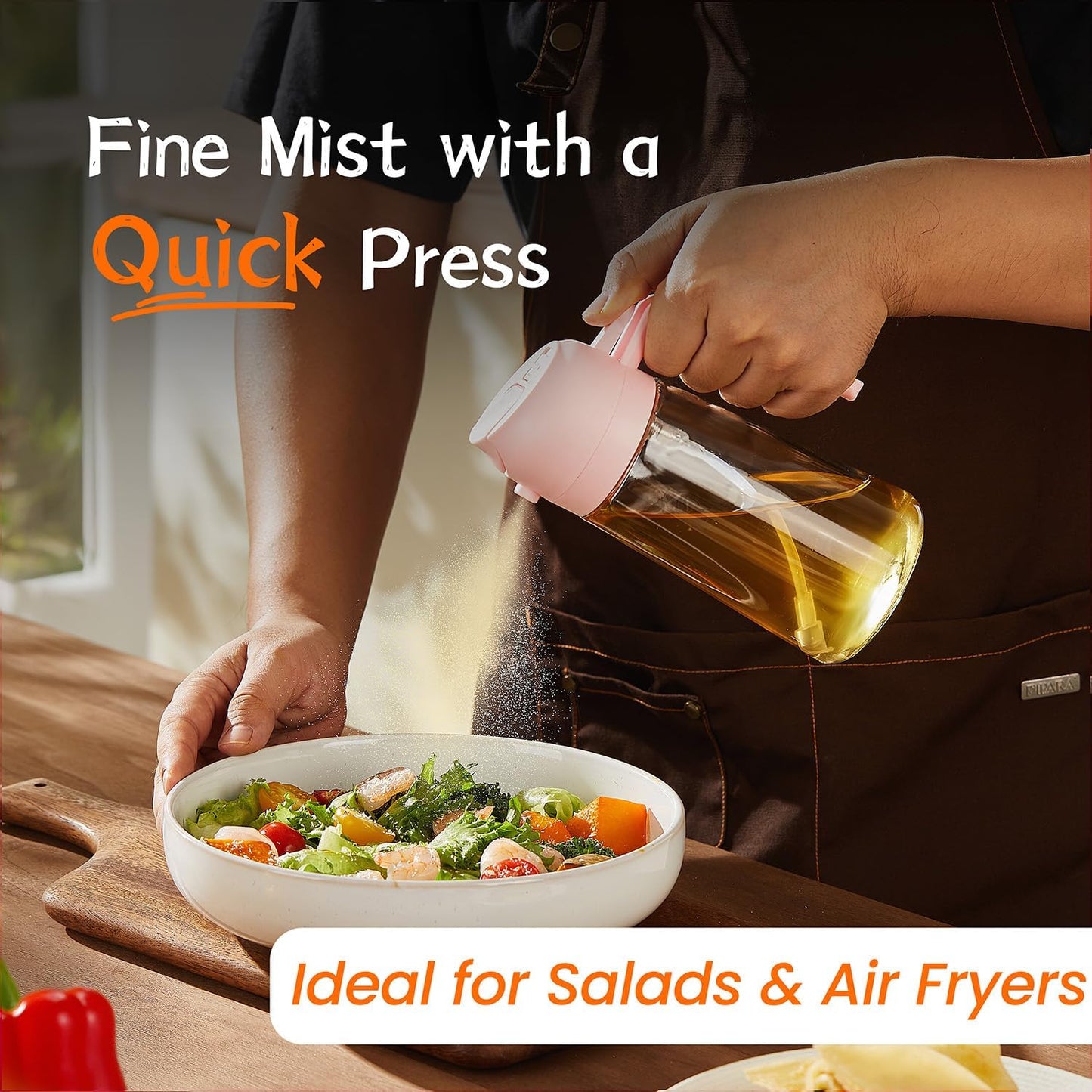 TrendPlain Glass Olive Oil Sprayer - 2-in-1 Dispenser for Cooking, Air Fryer & BBQ - 16oz Peach