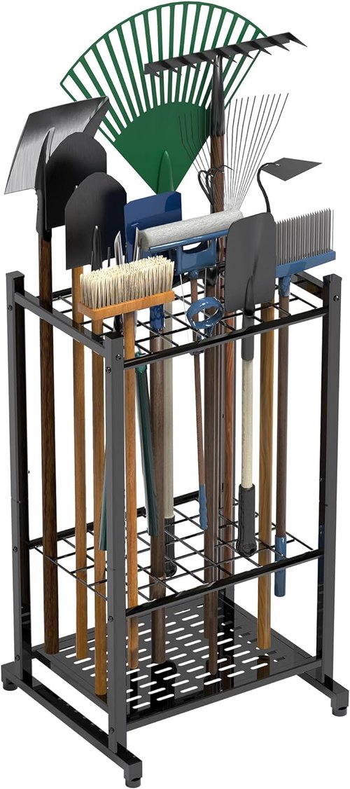Garden Tool Organizer - Heavy Duty Steel Yard Tool Tower Rack for Up to 35 Long-Handled Tools | Black