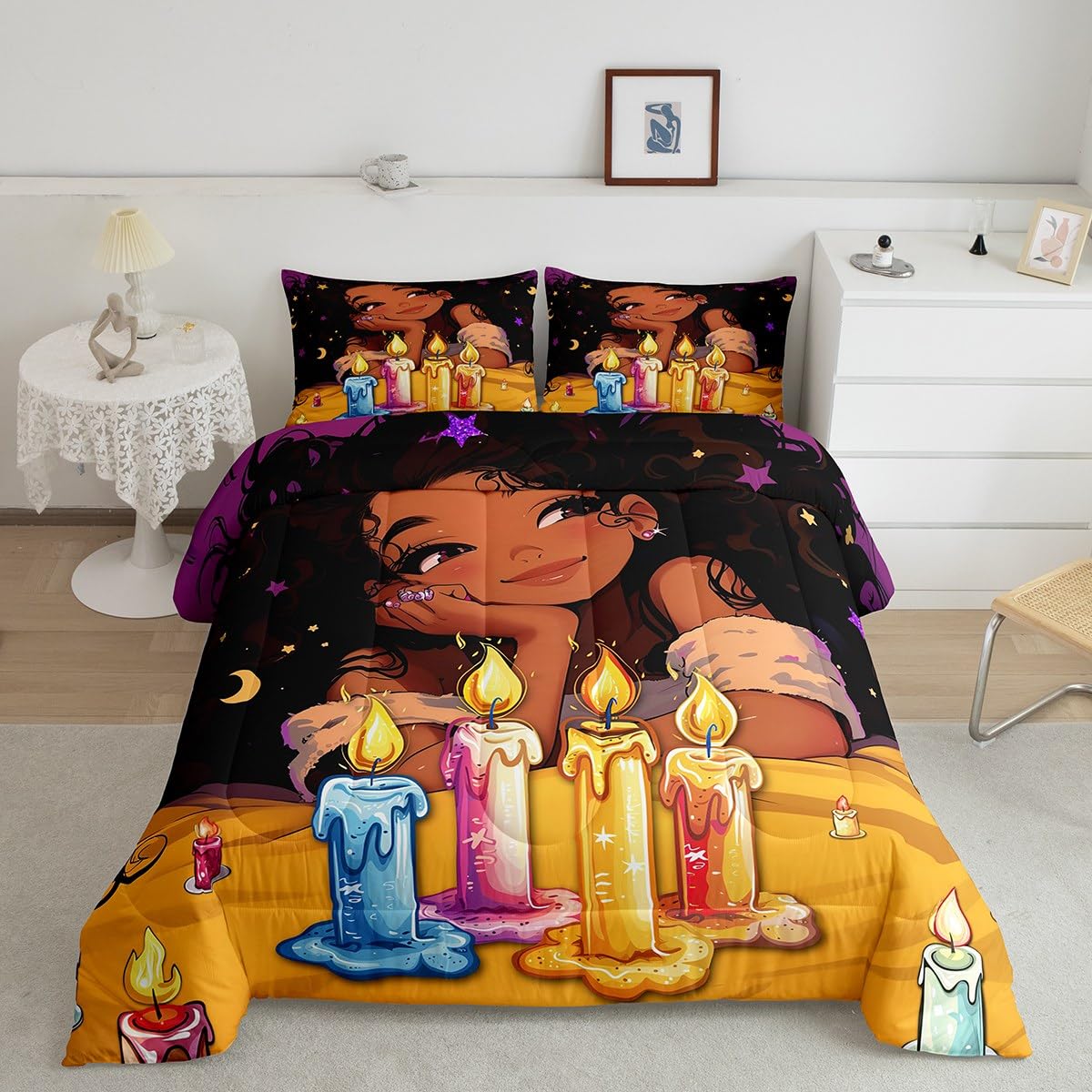Afro-American Girl King Comforter Set for Little Girl,Afro Kid Princess Melanin Bedding Comforter Sets,Toddlers American Black Girls Quilt for Girls Bedroom,Happy Birthday Candle Gift