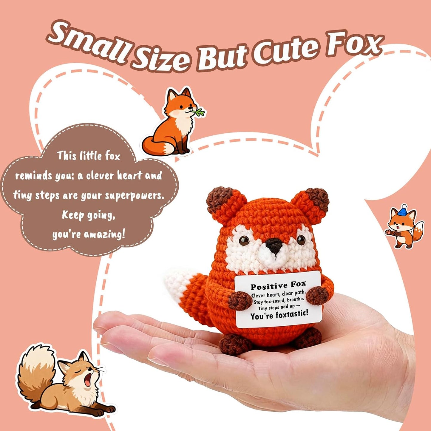 Positive Focus Mini Crochet Fox Plush - Kawaii Desk Decor & Motivational Gift for Year-Round Celebrations
