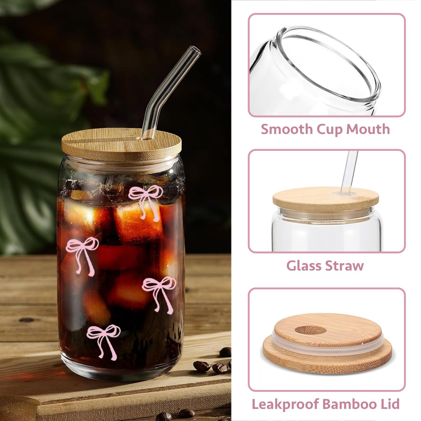 Mikopei Coquette Aesthetic Glass Cups with Lids and Straws - Pink Bow Iced Coffee Cup Decor, Cute Tumbler Smoothie with Cleaning Brush&Gift Box, Gifts for Girls Women Friends, 16 oz