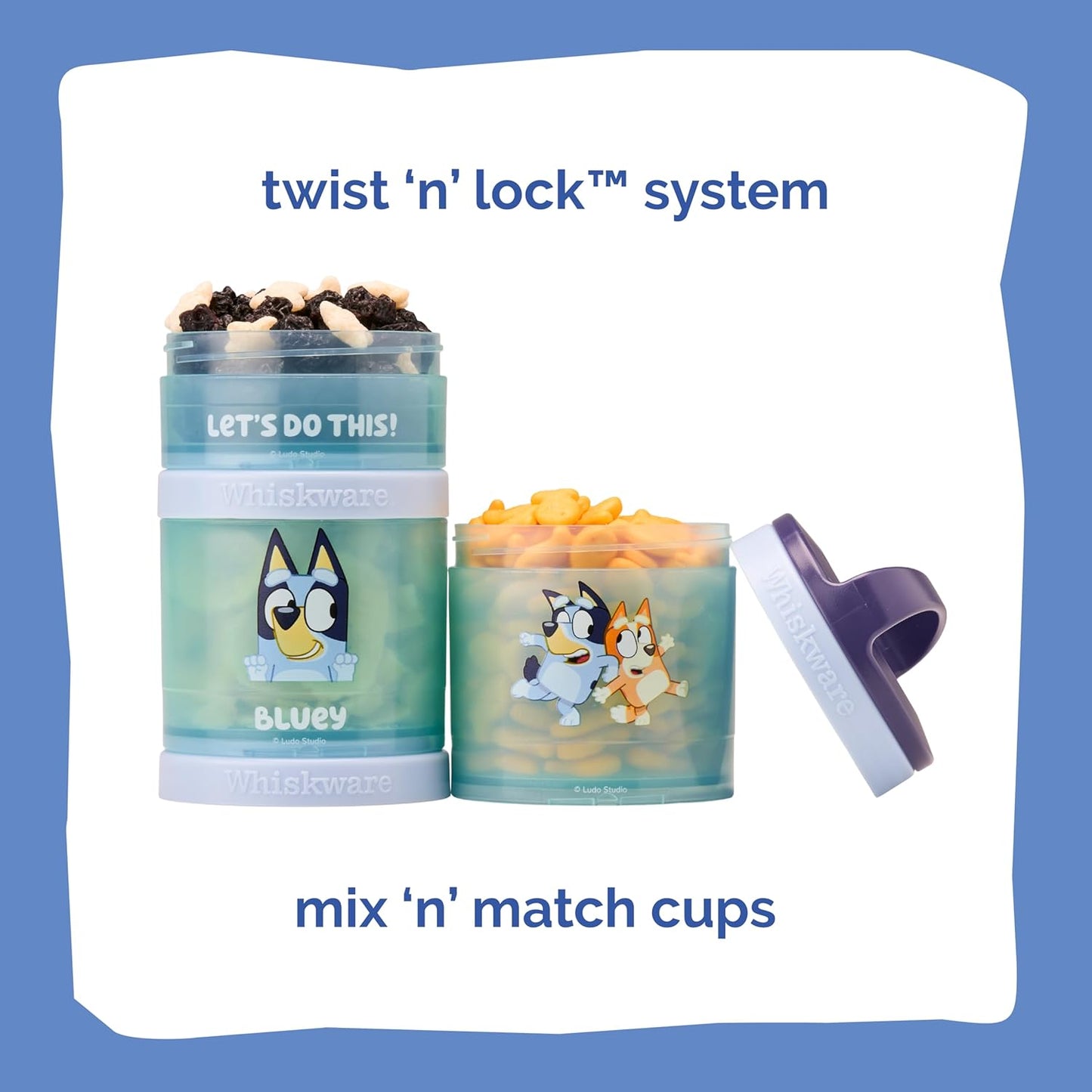 Whiskware Stackable Snack Containers - 3 Cup Set for Kids | Travel-Friendly, Cupholder Compatible, Bluey Design