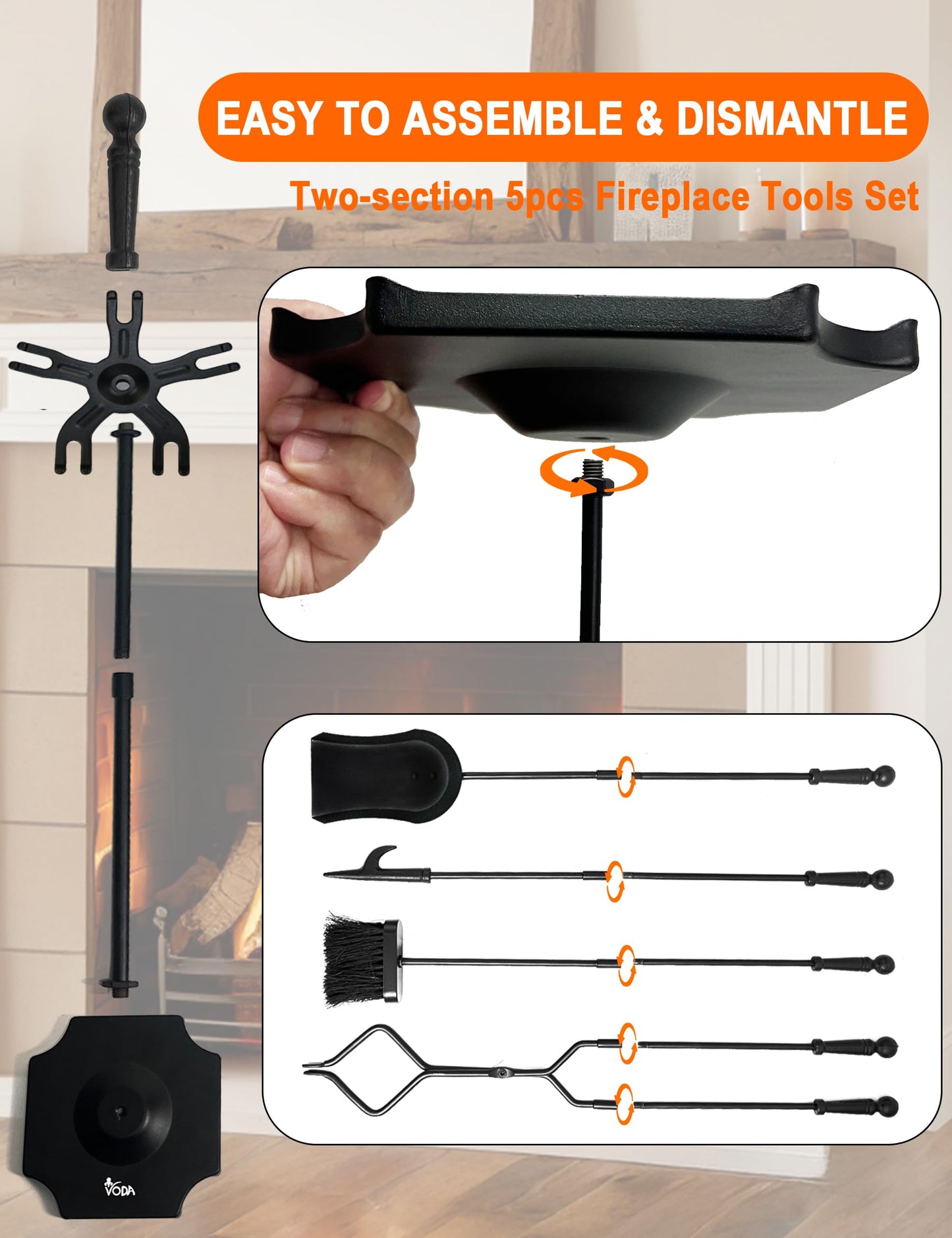 VODA Fireplace Tools Set 5 Pieces 31.5In Cast Iron Indoor Fireside Accessories Large Fire Place Tool Set Outdoor Holder Fire Kit Stand Wood Stove Log Shovel Brush Tong and Fireplace Poker