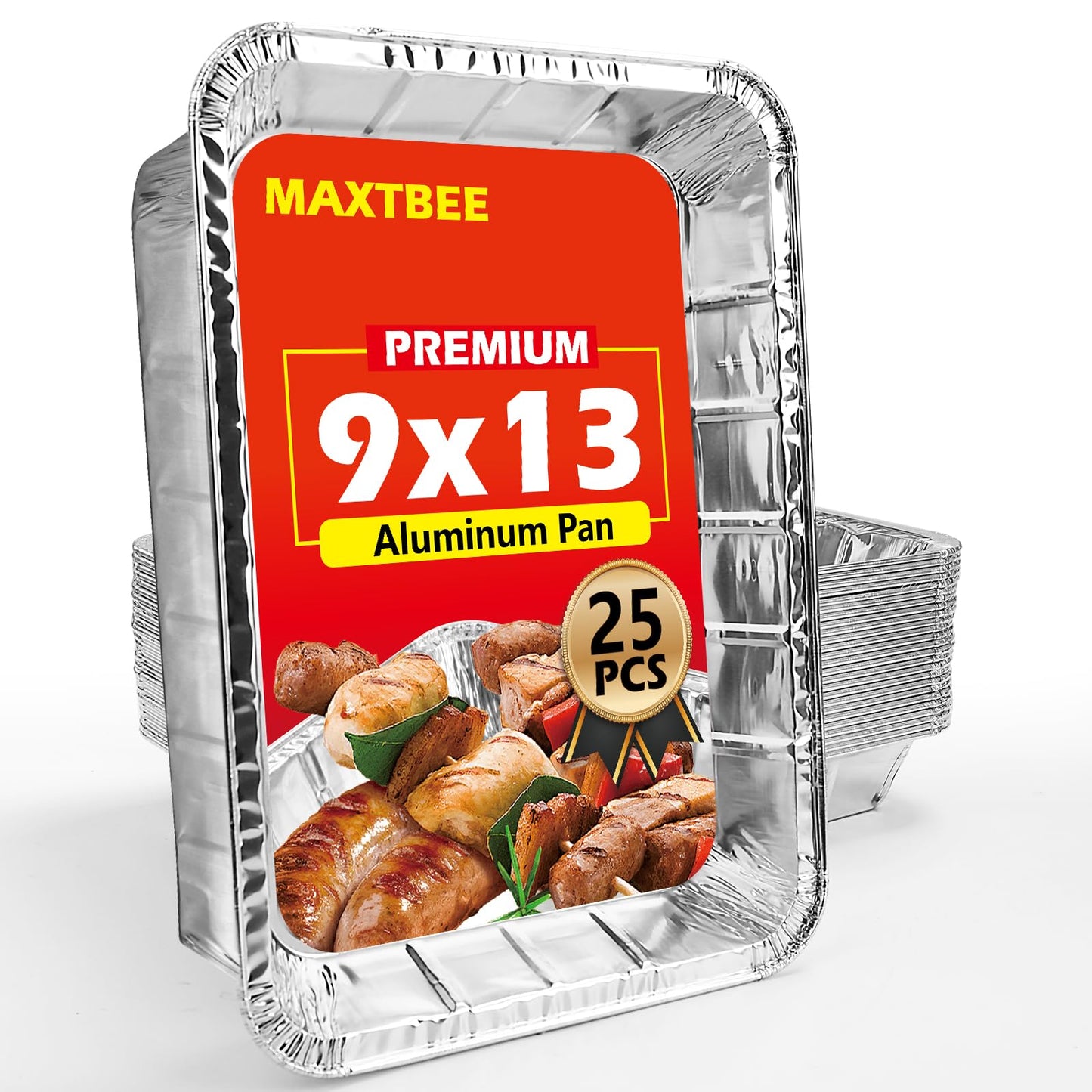 MAXTBEE Aluminum Pans Foil Pans, 25 Pack 9x13 Disposable Trays Half Size Tin Pans Heavy Duty Foil Trays Food Containers For Cooking, Baking, Roasting, Heating or Steam Table