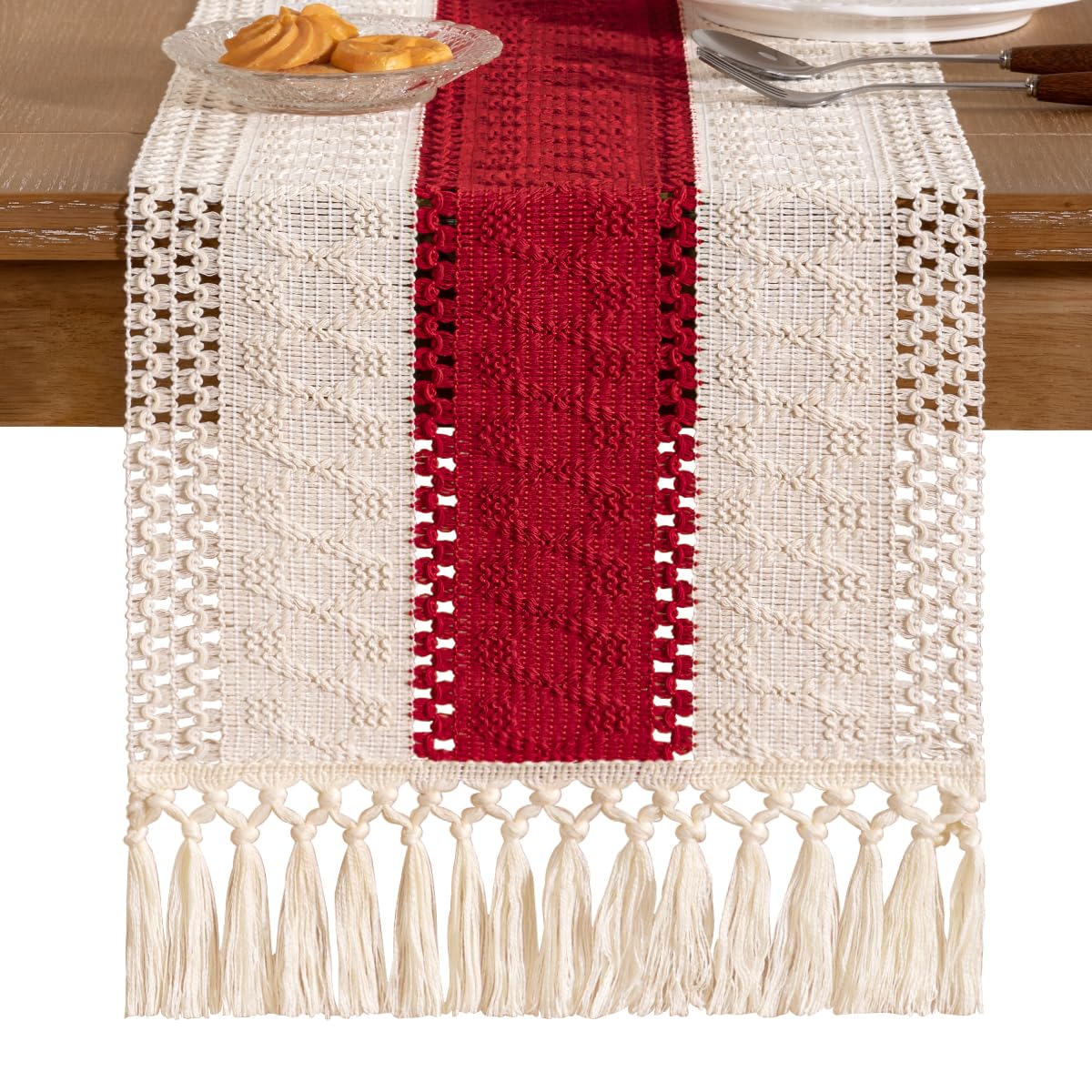 Socomi Boho Table Runner Macrame Long Summer Farmhouse Woven Cotton Linen Rustic Coffee Table Runner with Tassels for Dresser Scarf Home Decor Dining Room 12x108 in Red Ivory