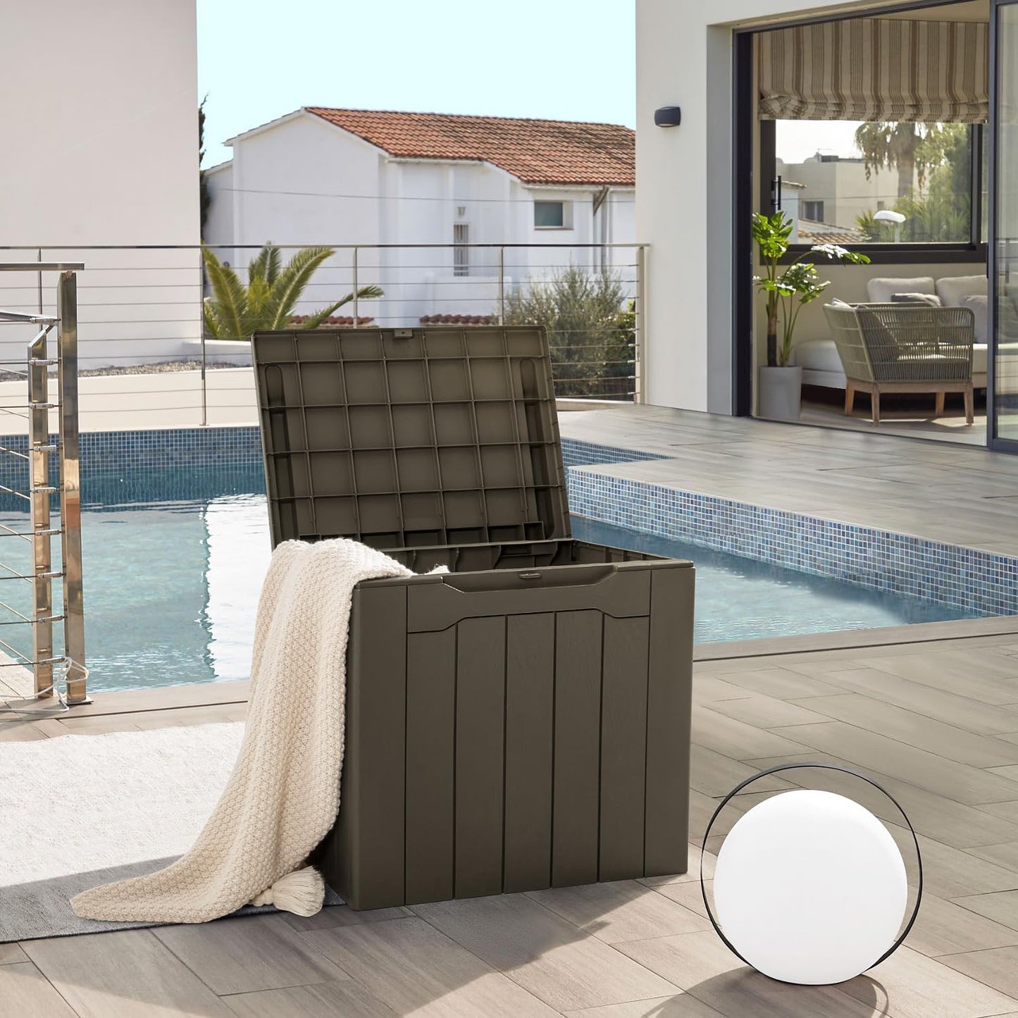 JUMMICO 31 Gallon Waterproof Resin Deck Box - Ideal Outdoor Storage for Patio Furniture & Garden Tools (Brown)