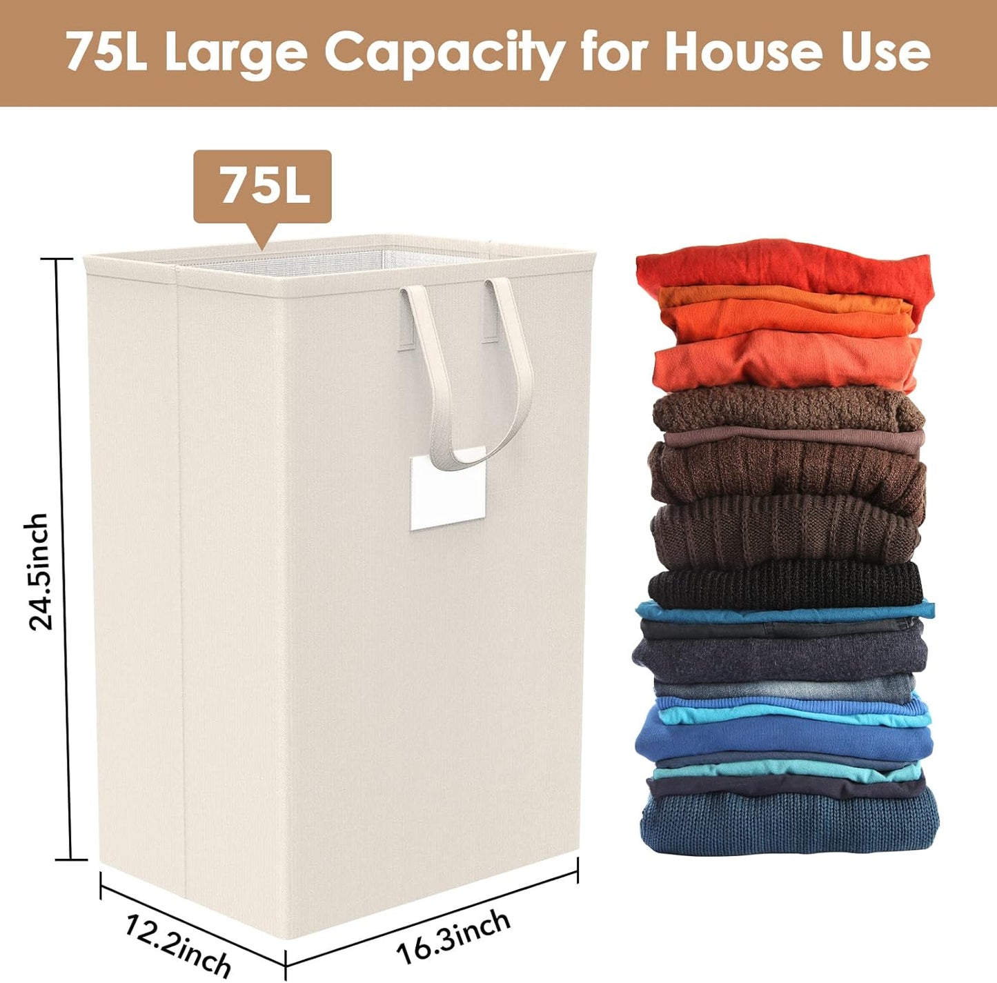 Regine Switzerland 75L Large Laundry Hamper - Waterproof & Freestanding | Ivory Color for Bedroom & Bathroom
