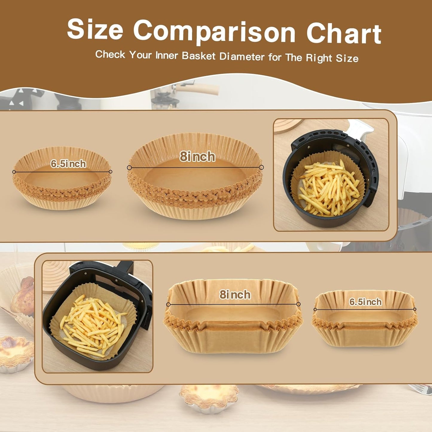Air Fryer Liners | 100PCS Non-Stick Parchment Paper for 3-5QT Air Fryers & Microwaves - 6.5 Inch Square
