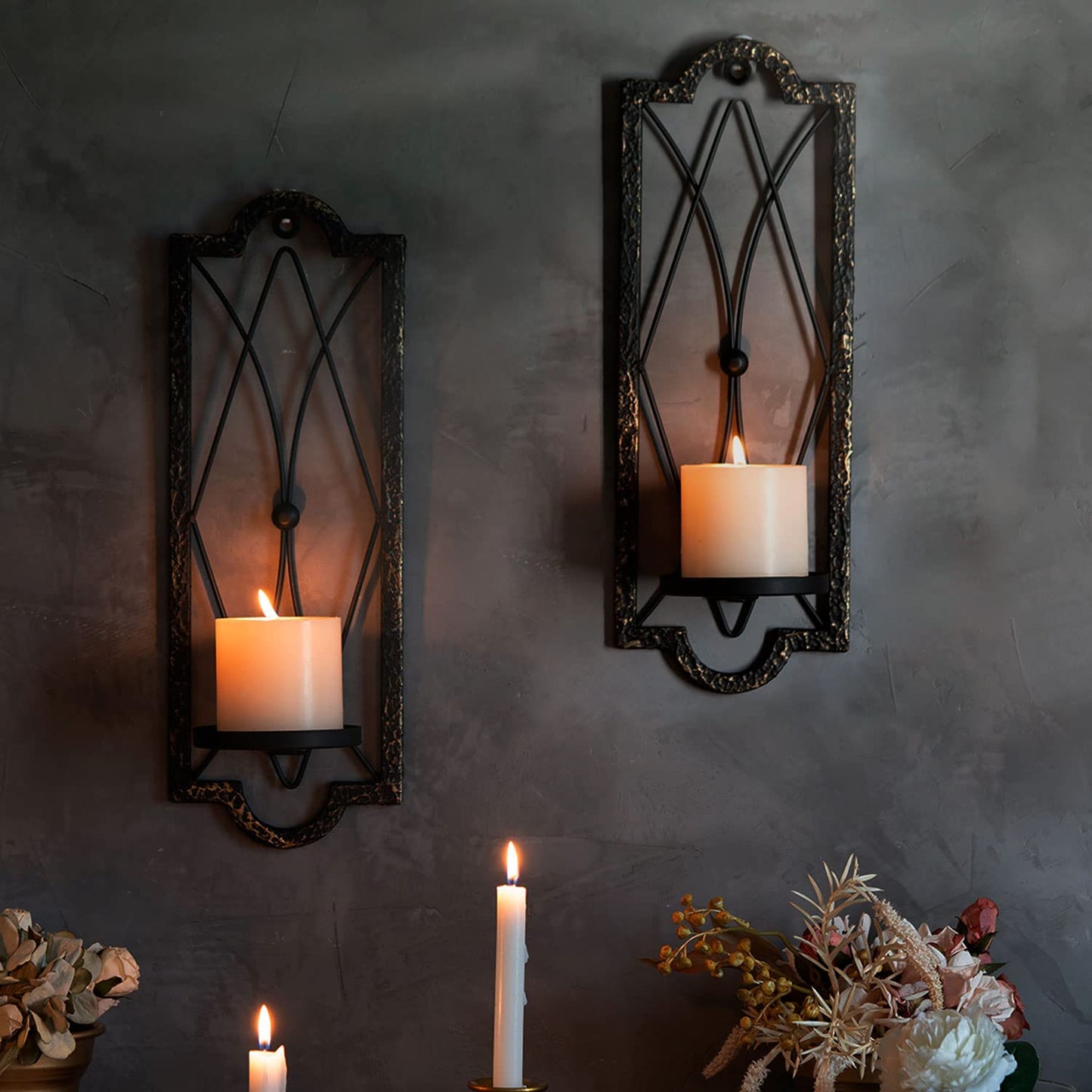 Candle Sconce(Set of 2),Metal Wall Decorations,Rustic Home Decor,Wall Candle Sconces,Gold Black Wall Sconces