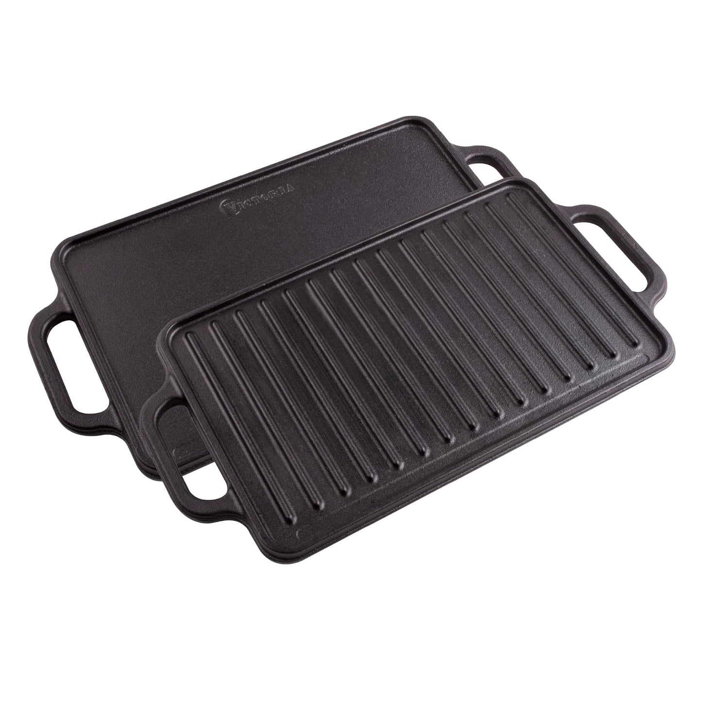 Victoria Rectangular Cast Iron Griddle. Double Burner Griddle, Reversible Grill, 13 x 8.5 Inch, Seasoned with 100% Kosher Certified Non-GMO Flaxseed Oil, Model: GDL-189