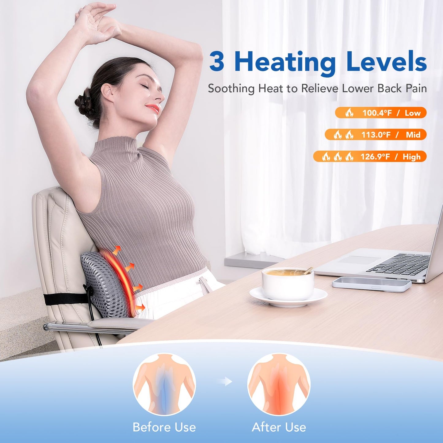 KNQZE Heated Lumbar Support Pillow for Office Chair, Car, Bed, and Recliner-Customizable Height for Personalized Comfort - Relieves Lower Back Pain and Enhances Posture
