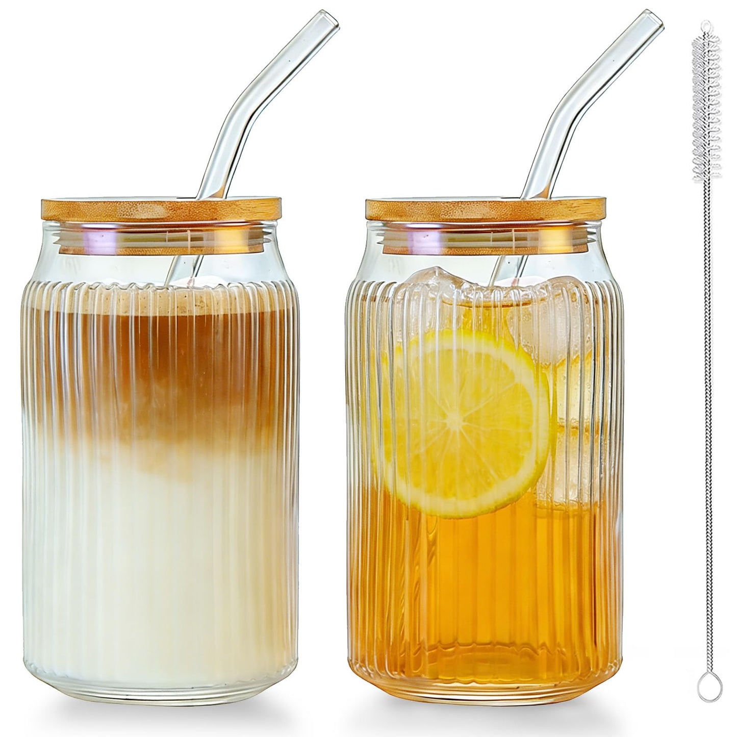 2 PCS Glass cups with Lids and Straws, 16 OZ Iced Coffee Cups, Ribbed Glass Tumbler with Straw and Bamboo Lid, Thick Drinking Beer Glasses for Coffee, Juice, Match Cup with Cleaning Brush (Clear)